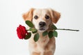 Valentine's Day concept. Funny portrait cute dog puppy with red rose flower Royalty Free Stock Photo