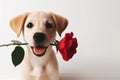 Valentine's Day concept. Funny portrait cute dog puppy with red rose flower Royalty Free Stock Photo