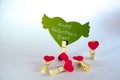 Valentine`s day concept. Green paper heart with wings and congratulation fixed on a clothespin and 4 heart shape Royalty Free Stock Photo