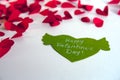 Valentine`s day concept. Green paper heart with wings and congratulation and red hearts on white background. Royalty Free Stock Photo