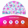 Valentine`s day concept in half circle with thin line icons: couple in love, romantic evening, cupid bow, balloons, envelope, gif