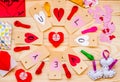 Valentine`s day holiday. hand made paper hearts labels on rustic background in circle Royalty Free Stock Photo
