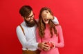 Valentine`s day concept. happy young couple with heart, flowers Royalty Free Stock Photo