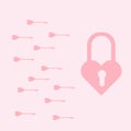 Valentine`s day concept heart key.The pink vector key is running towards the padlock.The sperm model runs towards Royalty Free Stock Photo