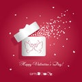 Valentine`s day concept illustration open white gift box with kissing pair of birds pigeons and flying hearts on red backg