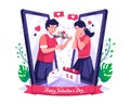 Valentine`s day concept illustration with a young lover man giving a gift to her girlfriend. A man gives a flower to a woman Royalty Free Stock Photo