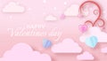 Valentine`s day concept with pink paper hearts hanging on tree branch and flying on sky,valentine balloon flying on clouds, Paper Royalty Free Stock Photo