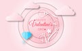 Valentine`s day concept with pink paper hearts hanging on tree branch and flying on sky,valentine balloon flying on clouds, Paper Royalty Free Stock Photo