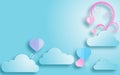 Valentine`s day concept with pink paper hearts hanging on tree branch and flying on sky,valentine balloon flying on clouds, Paper Royalty Free Stock Photo