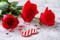 Valentine`s Day Concept. Red roses and heart decor.