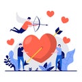 Valentine`s day concept with tiny character. Couple fall in love, sharing huge red heart pierced with arrow flat vector