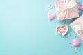 Valentine`s Day concept. Top view photo of light pink gift boxes with white ribbon bows candles and heart shaped saucer with Royalty Free Stock Photo