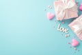 Valentine`s Day concept. Top view photo of light pink gift boxes with white ribbon bows inscription love heart shaped candles and Royalty Free Stock Photo