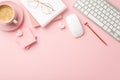 Valentine`s Day concept. Top view photo of notepads pen stylish glasses hearts sticky note paper keyboard computer mouse and cup