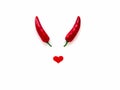 Valentine`s Day concept. Two red hot peppers and a heart on a white isolated background devil symbol, mischief Royalty Free Stock Photo