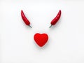 Valentine`s Day concept. Two red hot peppers and a heart on a white isolated background devil symbol, mischief Royalty Free Stock Photo