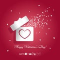 Valentine`s day concept vector illustration with open gift box and flying hearts on red background. Eps10 vector illustration wit