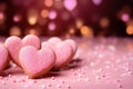 Valentine cookies, The pink hearts bokeh background should feature sparkling lights, creating a dreamy and magical ambiance