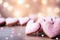 Valentine cookies, The pink hearts bokeh background should feature sparkling lights, creating a dreamy and magical ambiance