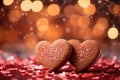 Valentines Day cookies, The pink hearts bokeh background should feature sparkling lights, creating a dreamy and magical ambiance