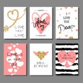 Valentine`s Day creative artistic cards set. Vector illustration.