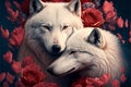 Valentine's Day Cuddling Artic Wolf Couple with Flowers (Generative AI) Royalty Free Stock Photo