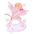 Valentine`s day. Cupid with a bow and arrow takes aim. Vector illustration isolated on white background.