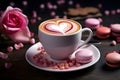 Valentine\'s Day cuppucino cup on a saucer full of heart-shaped cookies. Milk foam in the shape of a heart, love atmosphere