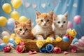 Valentine\'s day. Cute kittens inside a straw basket.