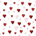 Valentine`s day cute seamless pattern with hand drawn watercolor hearts. White background. Royalty Free Stock Photo