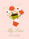 Valentine`s day, cute vector illustration posters with flowers, cup of coffee and cupcakes. Royalty Free Stock Photo