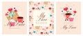 Valentine`s day, cute vector illustration posters set with, flowers, envelope, cup of coffee and cupcakes. Letters My Love Royalty Free Stock Photo