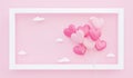 Valentine\'s day, 3D illustration of pink heart shaped balloons bouquet floating into frame with paper cloud Royalty Free Stock Photo