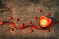 Valentine`s day, dark background red candle heart, confetti, sc Royalty Free Stock Photo