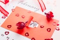 Valentine`s Day. The date February 14 is highlighted with a hole in red cardboard, dried flowers and a ribbon on a pink backgroun