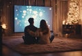 Valentine\'s Day date having lights cozy looking happy view loving watching room hugging recalling living home memories