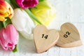 Valentine`s Day dates on hearts and spring tulips Royalty Free Stock Photo