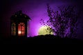 Valentine`s day decor concept. Romantic scene. Big Lantern as lovers house with rising moon on night decor background. Selective f