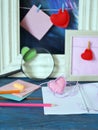 Valentine`s day decor, hearts, blank notebook