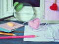 Valentine`s day decor, hearts, blank notebook