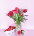 Valentine`s Day Decoration with Tulips and Strawberries Royalty Free Stock Photo