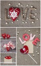 Valentine`s Day decorations collage with hearts, lace and pearls