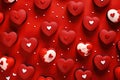 Valentine\'s Day, delicious cakes with hearts on a red background, a gift for Valentine\'s Day. top view.