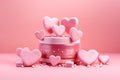 Valentine\'s day, delicious pink chocolate cake and heart-shaped brownie on a pink background.