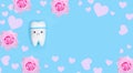 Valentine`s day dentistry background banner. Tooth model with copy space with frame of pink hearts and roses