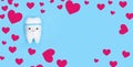 Valentine`s day dentistry background banner. Tooth model with copy space with frame of red hearts