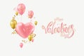 Valentine`s day design, pink and gold balloons on a light background. Sale poster, blank, love, sale, flyer. 3D illustration, 3D