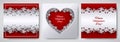 Valentine`s day design set. Greeting card, poster, banner collection. Cutted paper heart decorated with lace ribbon on red / white Royalty Free Stock Photo