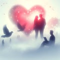 Valentine\'s Day, Digital heart and silhouettes of two people in love Romantic date Royalty Free Stock Photo