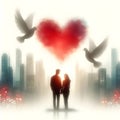 Valentine\'s Day, Digital heart and silhouettes of two people in love Romantic date Royalty Free Stock Photo